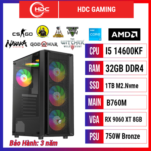 PC HDC GAMING CPU Intel i5 14600KF – RAM 32GB DDR4 – SSD 1TB  – MAIN B760M - VGA RX 9060 XT 8GB